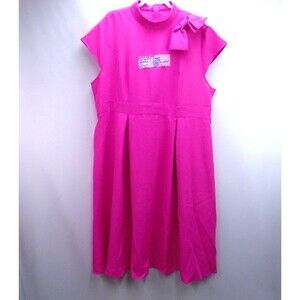 Vintage Style 4XL Pink Midi Dress High Mock Neck Bow Cap Sleeve Pleated Plus 22